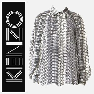 KENZO PARIS Vintage Black & Off White Print Open Sleeve Silk Blouse Sz 44 US XL
